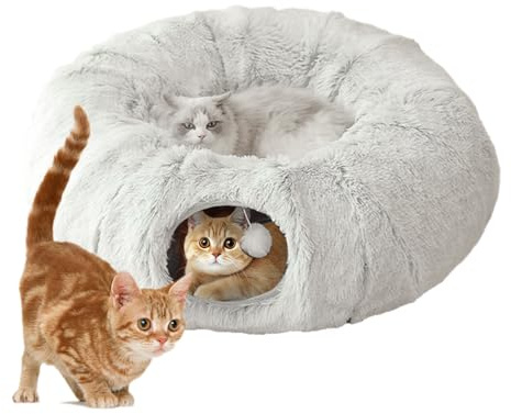 Dhqkqg Katzentunnel, 85 cm Faltbar Katzentunnel Rund, 3 in 1 KatzentunneL, Katzenspielzeug für Indoor-Katzen mit Schlafplatz, Donut Cat Tunnel mit Hängende Bälle, für Kätzchen, Kleintiere