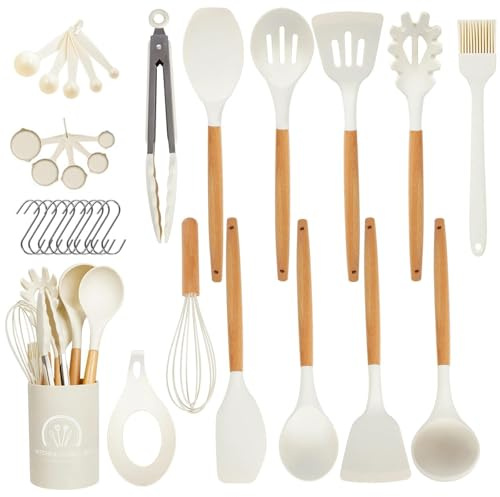Omtofo 33 Pièces Ustensiles De Cuisine Silicone, Set Ustensile Cuisine en Silicone et Manche Bois, Résistants à Chaleur et Antiadhésifs - Cuisine Accessoires, sans BPA, avec seau de stockage