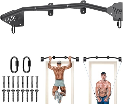 SELEWARE Heavy Duty Wall Mount Pull Up Bar for Doorway, Joist/Beam Mount Chin Up Bar with Resistance Band Hooks, Sturdy Steel Construction, Fits 36 Wall Studs for Home Gym Strength Training