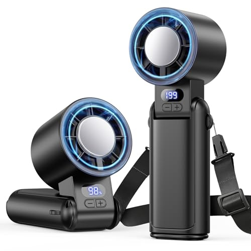 Deyhoc Ventilador de Mano Recargable Portátil con Clip, 1-199 Velocidades | 3-en-1 Ventilador de Mano/Cuello/Mesa, Potente Flujo de Aire, Batería 3600mAh hasta 12h, para Viajes/Camping/Oficina, Negro
