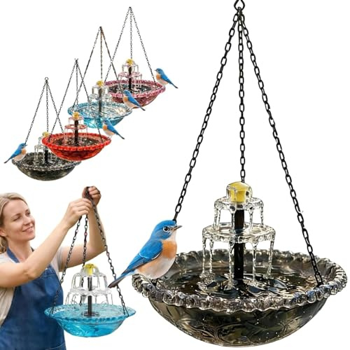 Fontaine-Bain d'oiseaux SuspenduÀ Cascade SolaireModèle2026:BainD'oiseaux D'extérieur Suspendu avec Pompe Solaire Et Vasque,Attirant OiseauxSauvages Et Colibris pour Jardin, Cour Arrière Ou Terrasse.