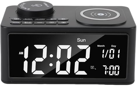 Plyisty Bluetooth-högtalare med Trådlös Laddare, Digital Väckarklocka FM-radio HiFi-ljud Inbyggd Mikrofon, Dubbla Larm med Anpassade Toner, för Sovrummet (#2)