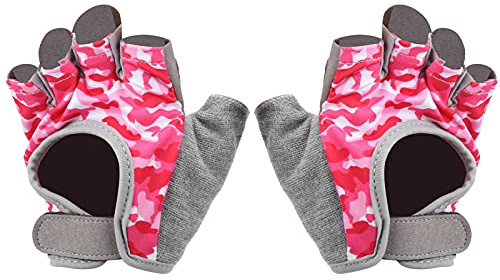 YUKOFE Halvfinger cykelhandskar för barn, halkfria Andas lätta ridhandskar för pojkar Flickor Mountainbike landsvägscykel utomhussport Rosa nylon 1 par (S)