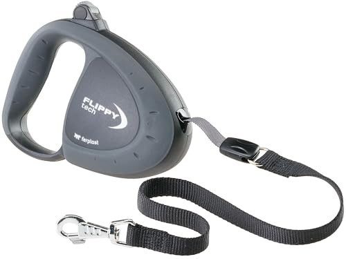 Ferplast Guinzaglio per Cani Allungabile FLIPPY TECH, Guinzaglio per Cani Taglia Grande fino a 50 Kg. Fettuccia Allungabile max 5 m. Unico Pulsante per Blocco e Rilascio, Nero
