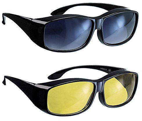 infactory Überzieh Sonnenbrille: Schärfer-Sehen-Set mit 2 Überziehbrillen Day Vision & Night Vision (Überziehbrille Damen, Nachtsichtbrillen, Nebel)