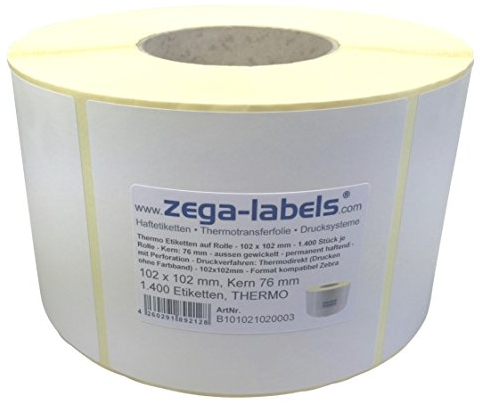 Thermo Etiketten auf Rolle - 102 x 102 mm - 1.400 Stück je Rolle - Kern: 76 mm - aussen gewickelt - permanent haftend - Druckverfahren: Thermodirekt (Drucken ohne Farbband)