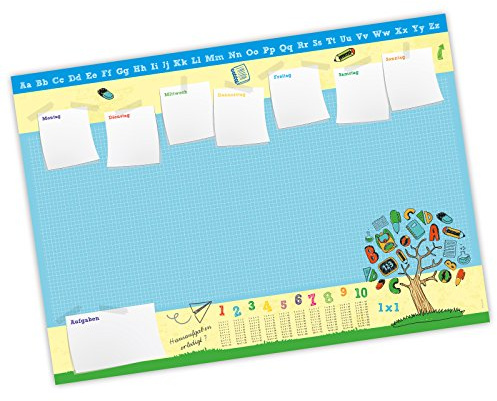Kinder Schreibtischunterlage Alphabet, Zahlen, 1x1-25 Blatt Papier zum abreißen, A2 Malunterlage - Geschenk zum Schuleintritt Schulanfang Einschulung Junge Mädchen blau Wochenplaner Notizen
