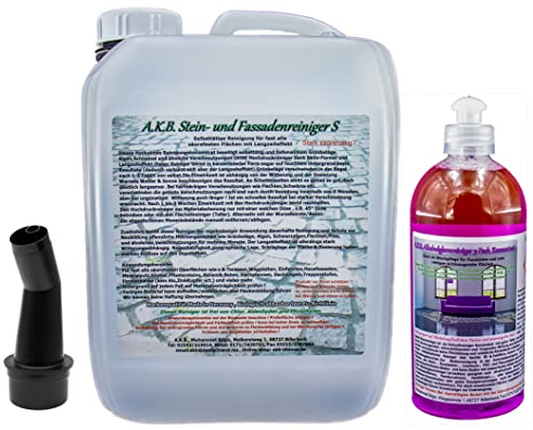 A.K.B. Steinreiniger und Fassadenreiniger S Konzentrat bis 3000m², 2795(5L+0,5Glanz) Flechtenentferner,Dachreiniger, Grünbelagentferner (bedingt für Farbiges)