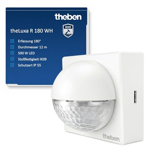 Theben 1010200 theLuxa R180 WH détecteur de Mouvement PIR 180° 12 m Blanc | 1 canal, mur, 2 s - 30 min, 2 - 200 lx, 500 W LED, passage par zéro, préréglage, IP55, résistant aux chocs IK09 blanc