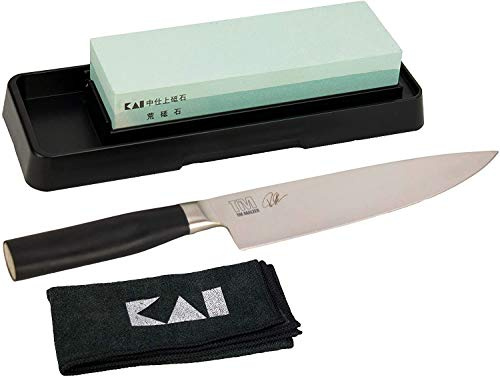 Kai Tim Mälzer Kamagata Geschenkset TMK-0706 Kochmesser 20 cm, ultrascharfes Japan Messer +KAI-Schleifstein mit 400/1000 Körnung, AP-0305 + Messerpoliertuch