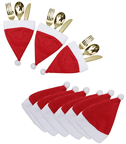 BELLE VOUS 20 Stk Bestecktasche Weihnachten - Mini Weihnachtsdeko Hüte Bestecktaschen – Besteckhalter Weihnachtsmann Mütze Tischdeko für Esstisch