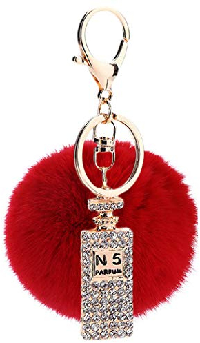 Canarea Schlüsselanhänger plüsch ball Taschenanhänger strass bommel Keychain Elegant Plüsch-Kugel Auto-Anhänger Pompom mit Strass Parfümflasche Glitzer Weich Schlüsselring (Rot)