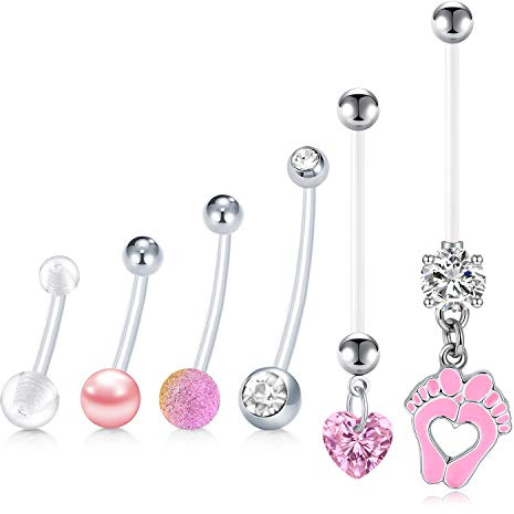 LAURITAMI 6pcs Piercing Ombligo Embarazo Maternidad Acrílico Bioflex 14/18/25/32mm 14G Largo Barbells Pies del Bebé Cuelgan CZ Retainer Piercing Cuerpo Joyería