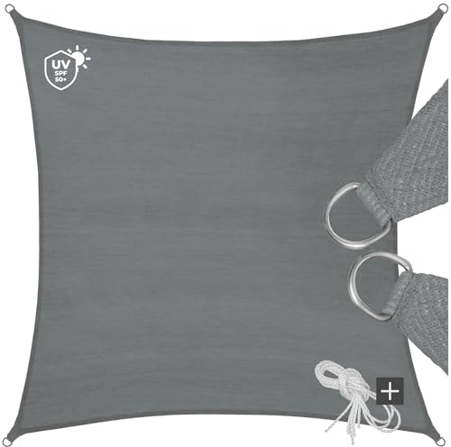 tectake® Sonnensegel mit UV Schutz, Sonnenschutz und Sichtschutz Balkon, Sichtschutz Garten, für Pergola, Windschutz Terrasse, mit Ösen und Spannseile - quadratisch grau - 3,6 x 3,6 m