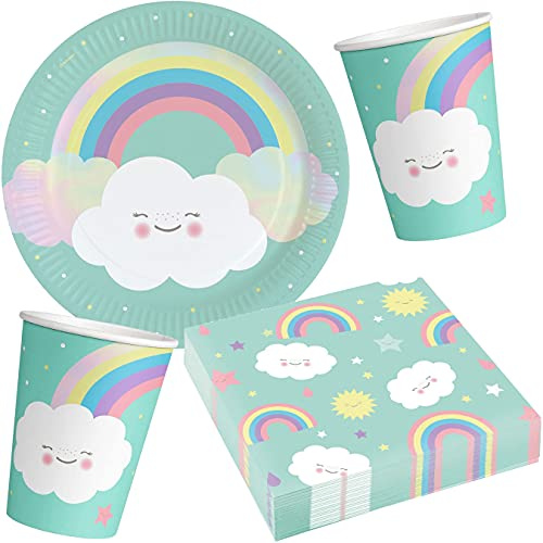 Carpeta 37-TLG. Party-Set * Regenbogen & Wolke * mit Teller, Becher, Servietten und Deko für Kindergeburtstag und Mottoparty | Kinder lieben diesen Rainbow zum Geburtstag und Motto-Party