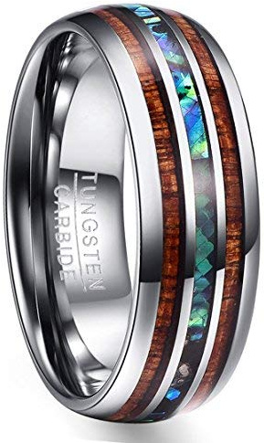 Vakki 8mm Silber Wolframkarbid Ringe mit Abalone Muschel Koa Holz Partnerringe Paarring Beste Geburtstagsgeschenke Valentinstagsgeschenke Größe 68.5(21.8)