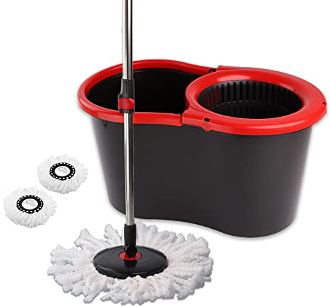 DIVCHI Microfiber Spin Mop and Bucket Set, Spin Mop for Cleaning Floors, Set of 1x Mop, 1x Bucket + 2 Replacement Mop Heads, Red/Gray