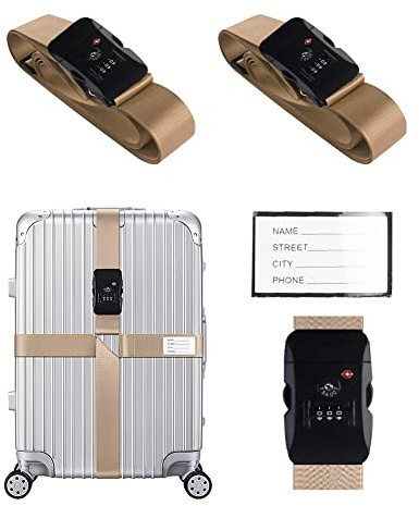 Veki Cross Luggage Straps Set TSA Approved with Lock Adjustable Travel Suitcase Belts Suitcase Tags with Name ID Card Packing Straps for Suitcases Strap Travel Accessories (Khaki*2pcs)