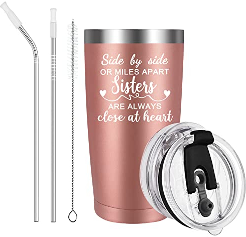 Livole Geschenk Schwester Geburtstag, Geschenke für Schwester, Frauen, Tasse mit Spruch - Side by Side or Miles Apart Sisters Are Always Close at Heart - 12oz Doppelwandig Thermobecher mit Strohhalm