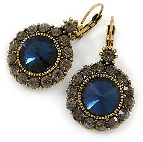 Boucles d'oreilles pendantes rondes en verre bleu nuit/gris avec fermoir dormeuse, ton or vieilli, 40 mm L