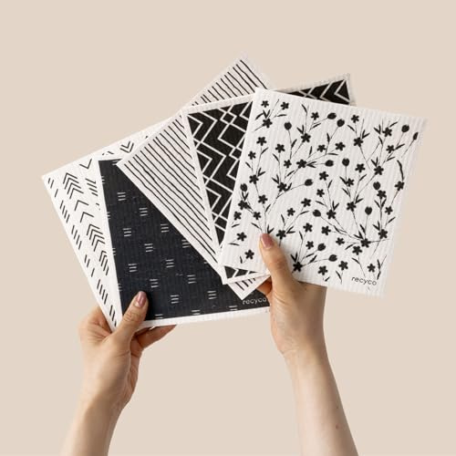 RECYCO Swedish Dishcloths for Kitchen | 5 Pack Geometric Washable Dish Rags | Cellulose Reusable Cleaning Paper Towels | Absorbent Counter Dish Cloth Sponge Kitchen Wipes, 8 L x 7 W