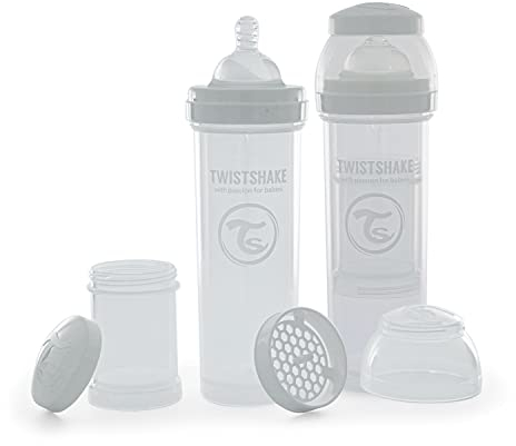 Twistshake 2x Biberon Anticolica Con Contenitore Per Il Latte In Polvere E Miscelatore - 330ml, Tettarella In Silicone A Flusso Rapido, Biberon Senza BPA, 4+Mesi, Bianco