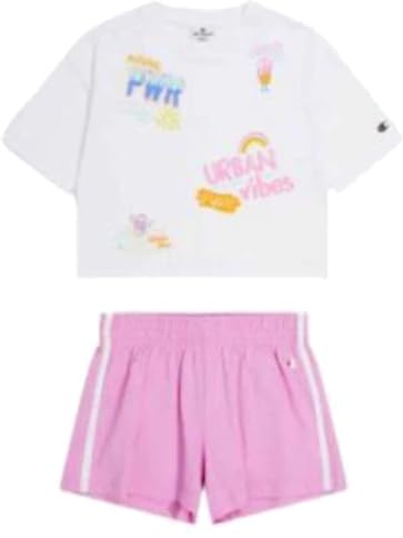 Champion Legacy Summer Graffiti G Graphic Boxy T-Shirt et Short Complet, Blanc/Rose Cyclamen, 15-16 Ans Fille
