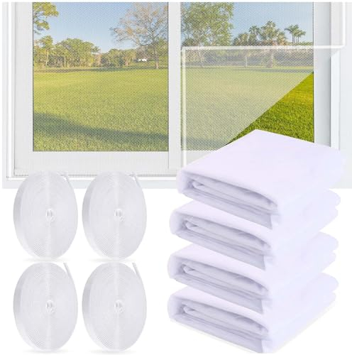 4 Piezas Malla Mosquitera para Ventanas, 1.3 * 1.5m Mosquitera para Ventana Autoadhesiva Invisible Mosquitera Malla de Protección Recortable al Tamaño con 4 Rollos Autoadhesivos (Blanco-4)