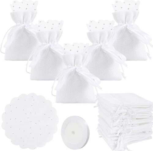 30PCS Bolsas de Tela Pequeñas 8x10cm Bolsas De Regalo De Arpillera Bolsitas de Yute Bolsita Regalo para Bautizo Primera Comunión Nacimiento Boda Regalos, Blanco