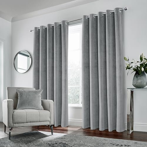 Enhanced Living Hampton Premium Velvet Grey Blackout Curtains for Bedroom - 66x54 inch (168x137 cm) Supersoft Eyelet Curtains for Living Room - 2 x Curtain Panels