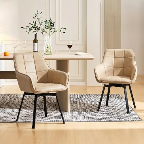 CLIPOP Esszimmerstühle 2er Drehbar Set mit Armlehne, Kunstleder Polsterstuhl Gepolstert Sitz Küchenstuhl Drehstuhl Armlehnenstuhl für Esszimmer Wohnzimmer Büro (2er Set, Kunstleder Beige)