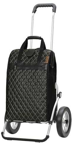 ANDERSEN Einkaufstrolley - Royal Shopper Inra schwarz | mit Speichenrädern, große Räder, 25 cm, aus Alu, bis 50 kg - Tasche mit Bügelverschluss, mit Leder, Innenfach, 44 L