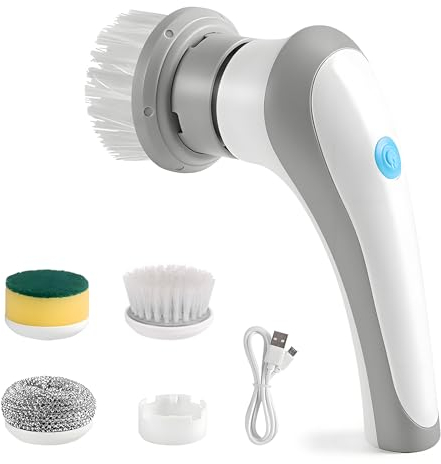 Spazzola elettrica per la pulizia del bagno, spazzola per la pulizia manuale per la casa con 4 testine di spazzola, Spin Scrubber per domestico/pavimento/pneumatici auto, ricarica rapida di tipo C, 2