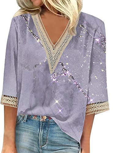 SCBFDI Bluse Damen Elegant, 3/4 Ärmel Tunika Tops für Frauen Geometrisch | Grafik Mexikanische Hemden V-Ausschnitt Patchwork Elelgant Bauer Baumwollblusen Boho-Kleidung