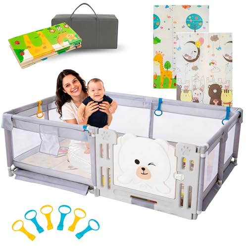 PARVULI Parque Infantil Bebe - Corralito Bebe con 6 agarraderas y Alfombra de Juegos Acolchada - Parque Bebes para Casa Plegable con Malla Transpirable y Vayas con Protecciones (Osos 120x180 cm)