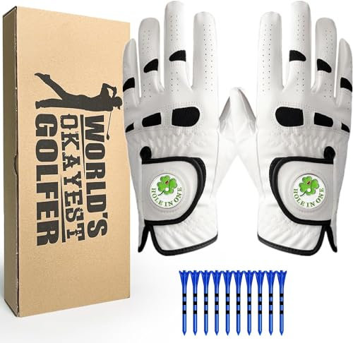 LOVMEAD Herren Golf Handschuh Linke Hand Rechts 1 Paar mit 2 Ball Marker 10 Tees mit Geschenkbox, Golf Handschuhe Männer Weathersof Griff Weich Bequem für Papa Vater (Weiß, M/L)
