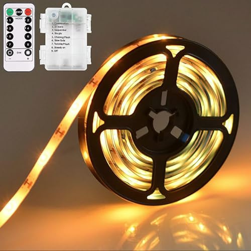 SUAVER LED Streifen Lichter Dimmbar Nachtlichter Lichterkette mit Fernbedienung,Batteriebetrieben Selbstklebende LED Strip Schneidbar für Schränke Regale Küche Dekoration (Warmweiß, 4m 240LED)