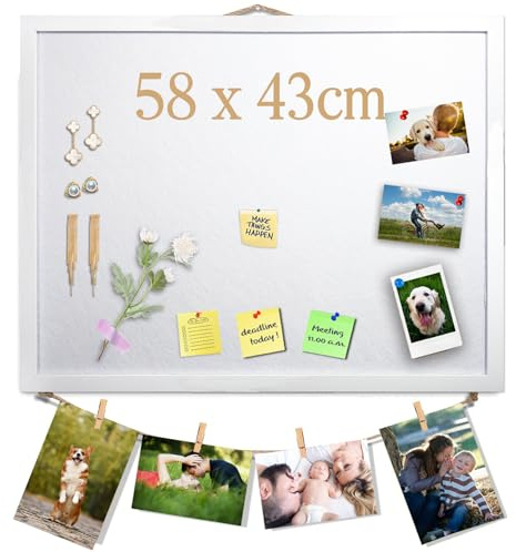 Weiße Pinnwand aus Kork mit Filz, 58 x 43 cm, großes Display Pinnwand für Wände, Schreibtisch, Schmuck, Notizen, Sammlung, Fotos, Büro, weiß gerahmt und Filztafel, 1 Stück, UK
