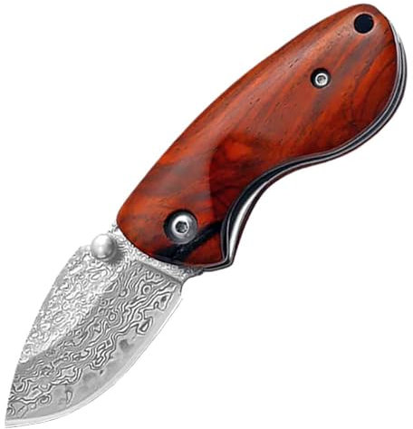 Lius Group Damast Taschenmesser, Klein Klappmesser, Mini Damaszener Messer Tanto, Damaststahl Klinge, Holzgriff, Outdoor EDC Messer survival, scharfes Einhandmesser, Geschenk für männer