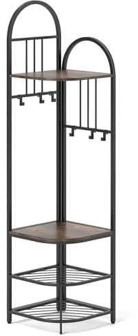 Multigot Coat Rack Stand, 180cm Tall Freestanding Corner Hall Tree with Shoe Bench, Storage Shelves & 6 Movable Hooks, 4-Tier Metal Clothes Rack Hanger Organizer Unit (Rustic Brown + Black)