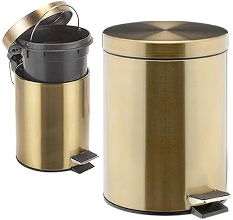 Suprano 3L Metal Stainless Steel Round Dustbin Heavy Duty Bin with Self-closing lid Kitchen Bathroom Bedroom Rubbish Waste Inner Basket (Golden)