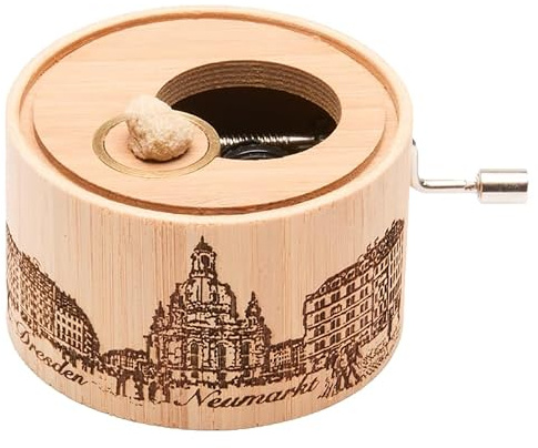 Spieluhr aus Bambus mit dem Kanon in D von J.Pachelbel, Motiv Dresden Neumarkt mit Frauenkirche, Sandstein-Edition