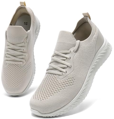 HKR Damen Turnschuhe Leichte Slip on Sneakers Atmungsaktiv Sportschuhe Laufschuhe Bequem Schlupfschuhe Taupe 39 EU