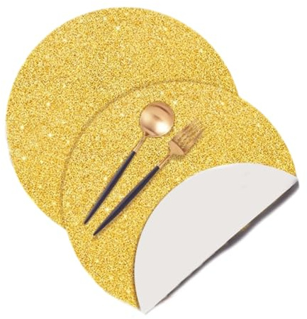 Aniyan 10 Stück Glitzer-Papier Platzsets Rund Ø35cm - Einweg-Tischsets aus Glitzerpapier für Hochzeit, Geburtstag, Party & Esstisch-Deko (Gold, 35 cm)