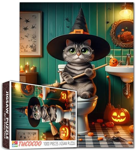 Tabby on Toilet Puzzles for Adults 1000 Pieces Halloween Cat Art Jigsaw Puzzles Broom and Pumpkins Jigsaw Puzzle for Challenging Family Activity Game DIY Craft Puzzle Home Decor Handmade Gifts
