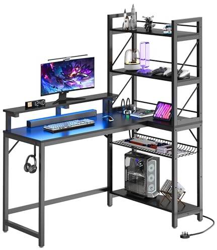 YITAHOME L Shaped Gaming Desk with Power Outlets & LED Lights Corner Desk with Shelves 106CM Reversible Computer Desk with Storage Shelves Gaming Desk with Hooks for Home Office(Carbon Fibre Black)