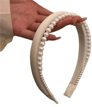 Stirnband mit Kunstperlen Perlen-Doppelschicht-Stirnband, schmal, Satin, for Frauen, elegant, Perlen-Haarreif, Hochzeit, Haarschmuck(Beige)