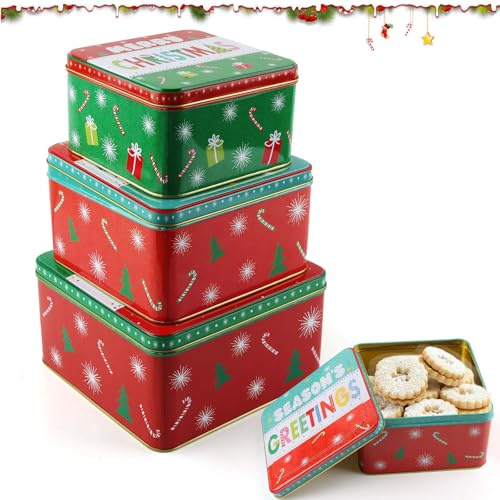 QIANAI 3 pezzi Scatola di Biscotti Natalizie, Scatole di Latta Natale con Coperchi, Barattolo Biscotti Natale, Biscottiera Natalizia in Latta, Scatola Metallo BiscottiNatalizio (Rosso e verde)