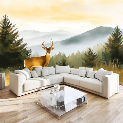 Papel Pintado Tejido No Tejido 400 x 280 cm (An x Al), Marrón Amarillento Fotomurales - Naturaleza Bosque Animales Ciervos Decoración de Pared con Murales Decorativos