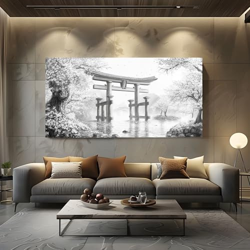 Leinwandbilder Wohnzimmer Modern, XXL Wandbild Japanische Torii Bilder für | SchlafzimmerLandschaft Kirschblüten Großer Kunstdruck Leinwand Asiatischer Stil Baum 50x100cm Wanddekoration für die Wand